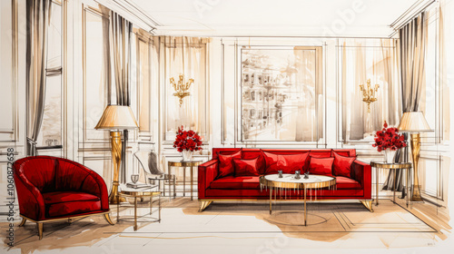 MLuxurious Room with Golden Furnishings and Red funiture, Enhanced by Black and White Sketch and One-Line Drawing