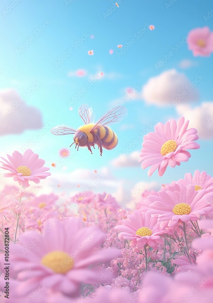 A serene scene featuring a bee flying amidst pink daisies under a bright blue sky dotted with fluffy white clouds. A serene scene featuring a bee flying amidst pink daisies under a bright blue sky dotted with fluffy white clouds.