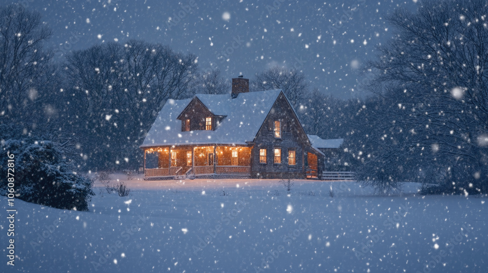 Cozy cabin in snowy winter night scene with warm lights and falling snowflakes