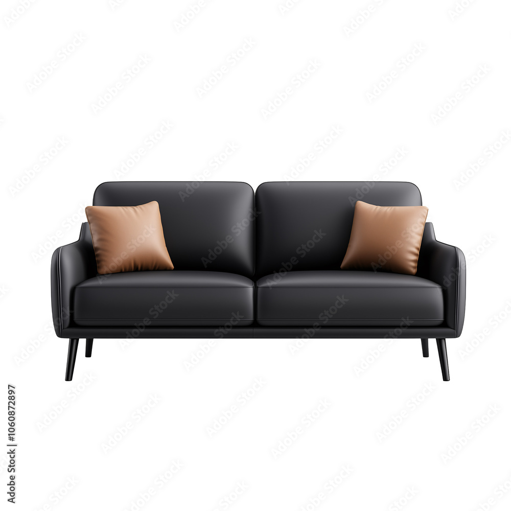 Fototapeta premium Modern black leather sofa with brown pillows isolated on a transparent background