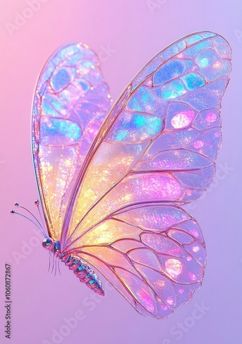 A colorful, translucent butterfly with shimmering wings, set against a soft pastel background, exuding a magical and ethereal vibe.