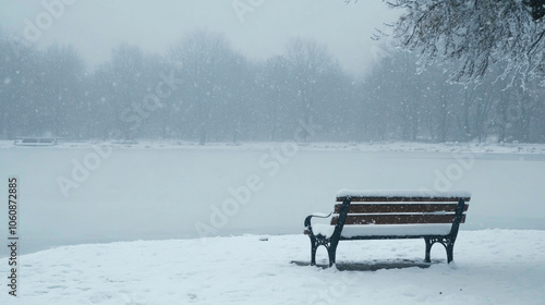 Serene winter scene: snow-covered park bench by frozen lake in peaceful winter landscape