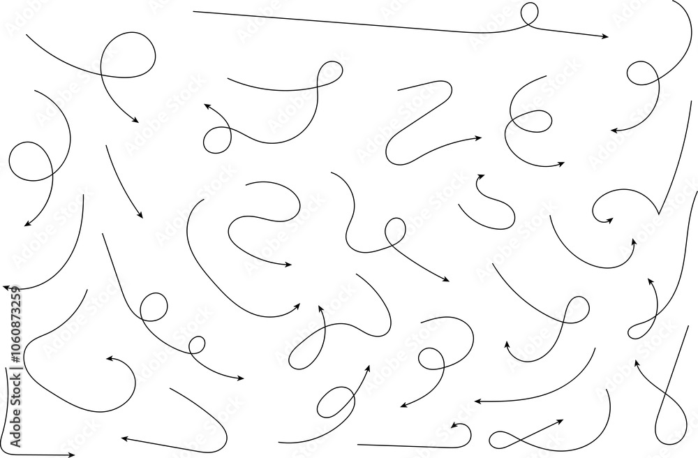 Hand drawn dotted arrows. Handdrawn freehand different curved lines, swirls arrows. Curved arrow line. Doodle, sketch style. Isolated Vector illustration. Hand drawn dotted arrows. Handdrawn freehand different curved lines, swirls arrows. Curved arrow line. Doodle, sketch style. Isolated Vector illustration.