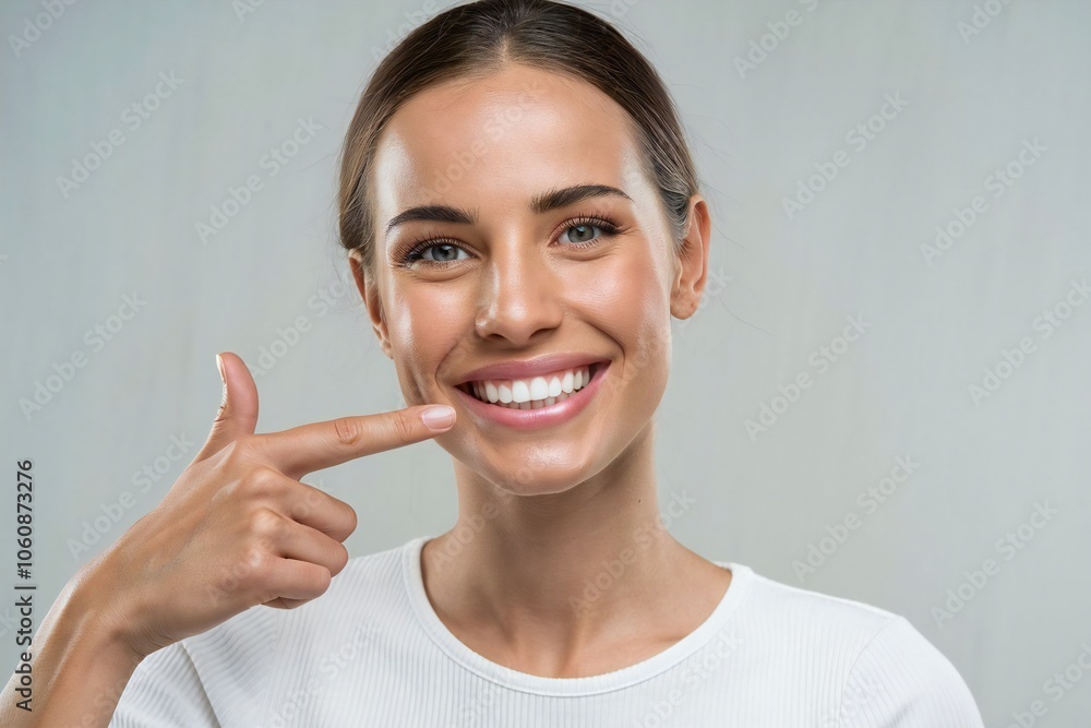 Happy woman pointing at her white teeth - Dental health and hygiene concept Happy woman pointing at her white teeth - Dental health and hygiene concept