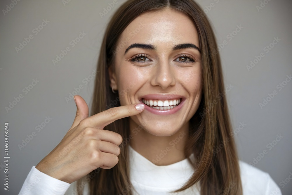 Happy woman pointing at her white teeth - Dental health and hygiene concept Happy woman pointing at her white teeth - Dental health and hygiene concept