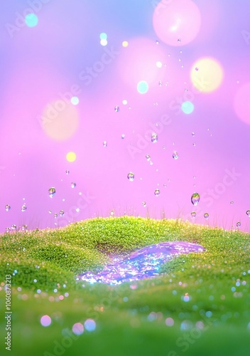 A serene scene featuring droplets of water on lush green moss, shimmering against a dreamy pink background.