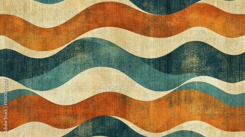 This vintage fabric design features elegant waves in blue, vibrant orange, and soft beige, perfect for enhancing home decor and adding charm to rugs and textiles in your living spaces