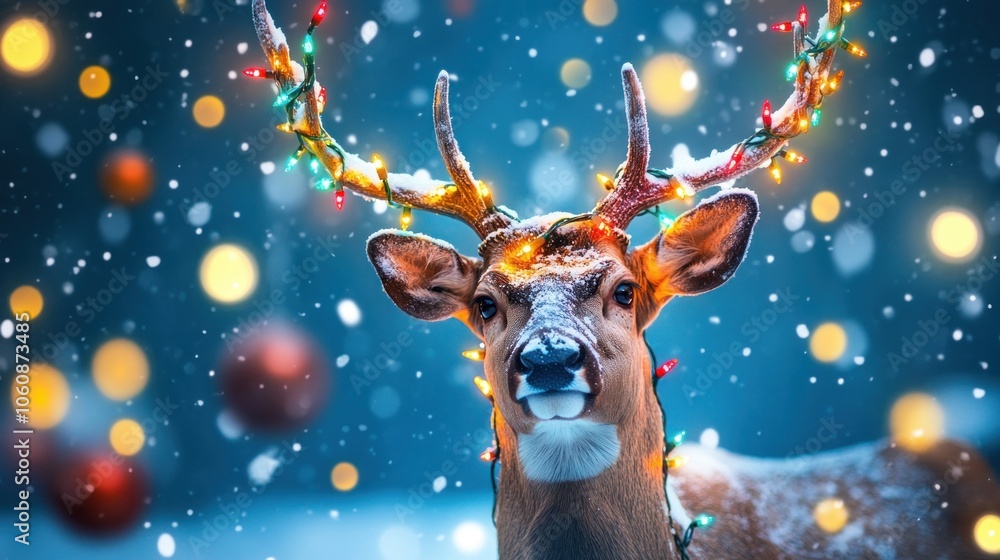 A Close-Up of a Deer with Christmas Lights on Its Antlers in the Snow A Close-Up of a Deer with Christmas Lights on Its Antlers in the Snow