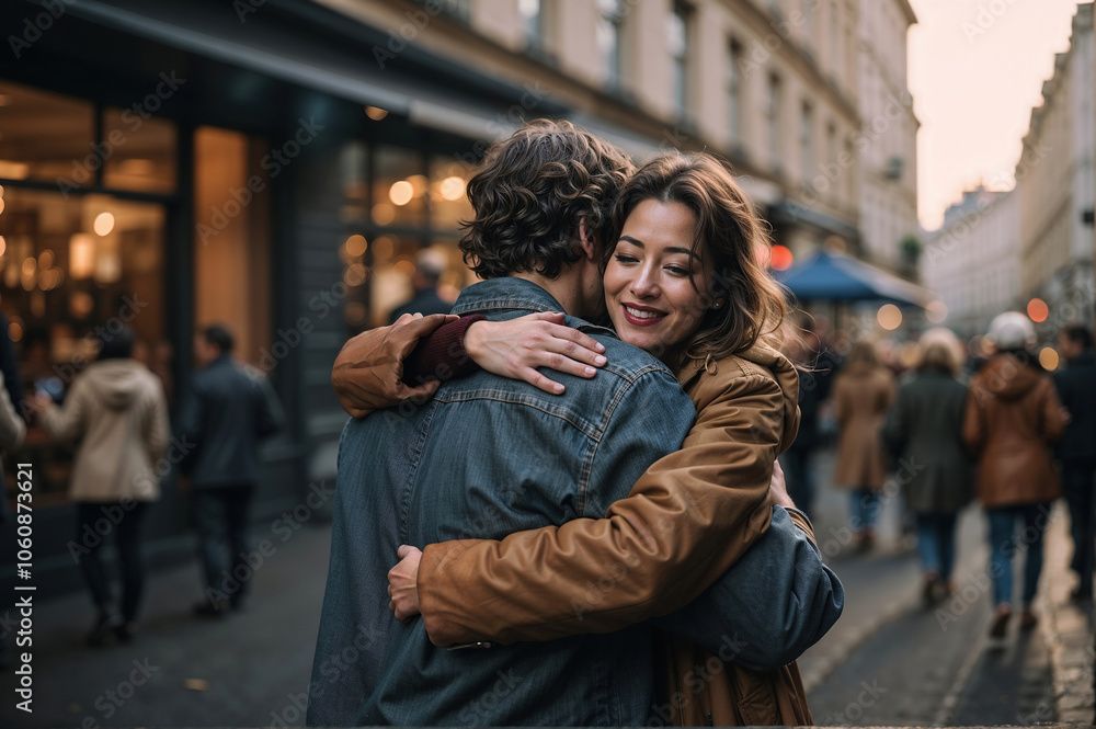 Fototapeta premium two people hugging on the street. International hug day concept 