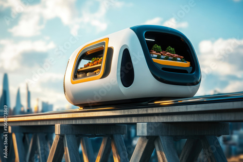 Futuristic food delivery pod on elevated track in urban skyline at sunset photo