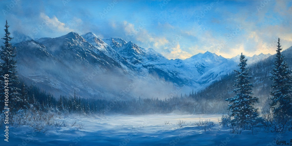 Serene Winter Mountain Landscape with Fog and Snow Serene Winter Mountain Landscape with Fog and Snow