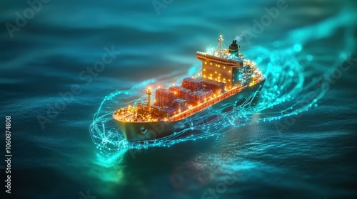 Artistic rendering: electric cargo ship cutting through neon green ocean, digital logistics art