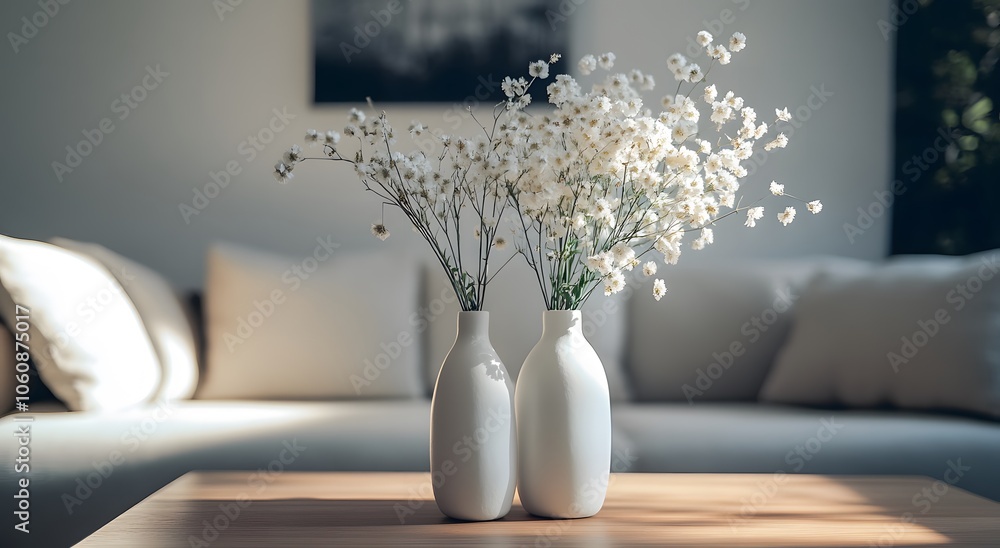 A living room with a white sofa, beige pillows and a coffee table with a vase of blooming flowers on top. There is an art frame on the side in the background. It is a minimalist interior design style. A living room with a white sofa, beige pillows and a coffee table with a vase of blooming flowers on top. There is an art frame on the side in the background. It is a minimalist interior design style.