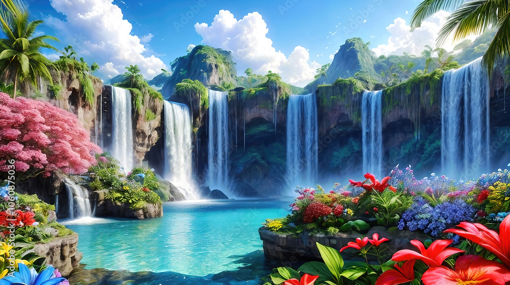 Fototapeta premium Paradise landscape with beautiful gardens, waterfalls and flowers, magical idyllic heavenly view with beautiful fantastic flowers in Eden.