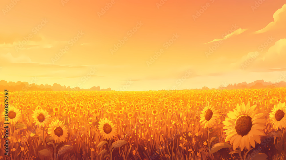 Fototapeta premium A sweeping vista of a sunflower field at sunrise, with the golden blooms stretching to meet the sky. Sunflower Field. Illustration