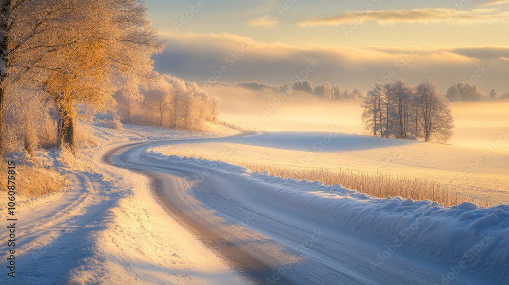 Serene winter roadscape at sunrise with snow-covered trees and golden light Serene winter roadscape at sunrise with snow-covered trees and golden light