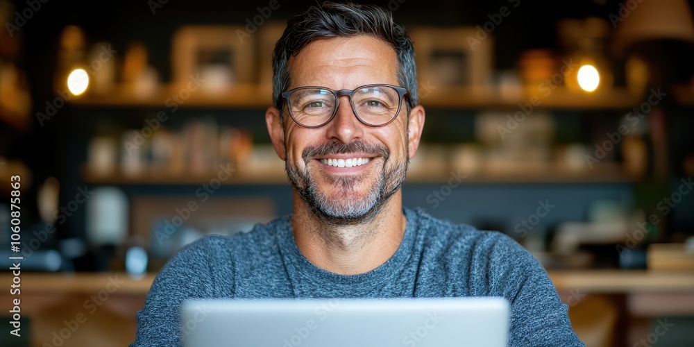 Smiling professional man working on laptop in modern office environment Smiling professional man working on laptop in modern office environment