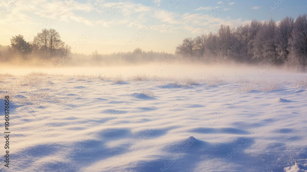 Serene winter landscape with snow-covered field and frosty trees at sunrise Serene winter landscape with snow-covered field and frosty trees at sunrise