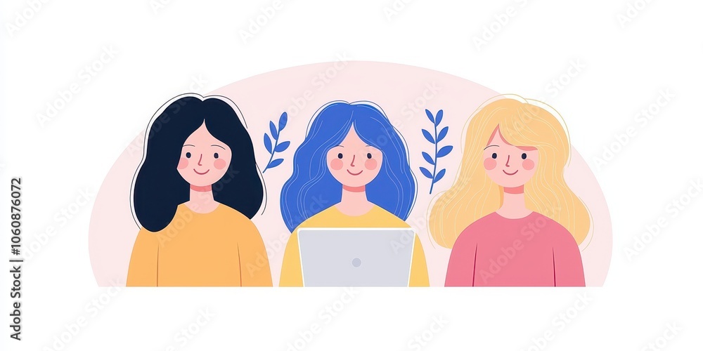 Three young women smiling and engaging in a creative workspace, pastel colors. Three young women smiling and engaging in a creative workspace, pastel colors.