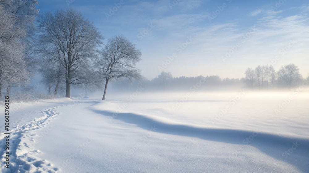 Tranquil winter landscape with frosty trees and soft sunlight in serene snowy field Tranquil winter landscape with frosty trees and soft sunlight in serene snowy field