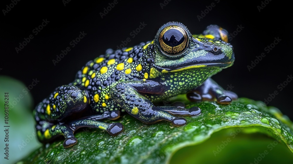 Obraz premium A close-up shot of a small, green, and yellow frog with golden eyes perched on a green leaf with water droplets.