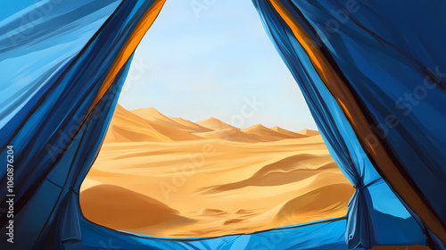 A tent view of wind-swept desert dunes, the vibrant blue interior contrasting with the golden sand outside, capturing the peaceful solitude of desert camping. Wind-swept Desert. Illustration