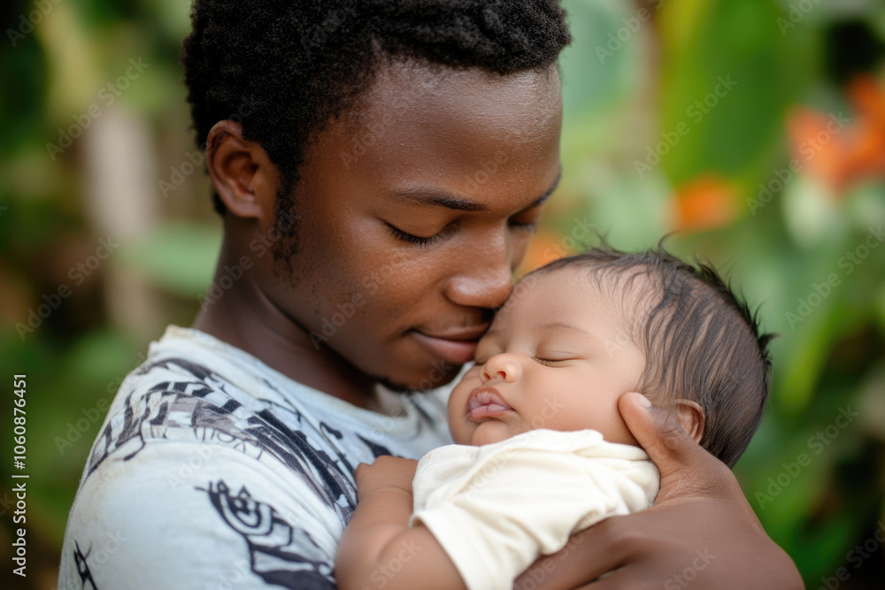 Gentle father holding sleeping baby in outdoor setting Gentle father holding sleeping baby in outdoor setting