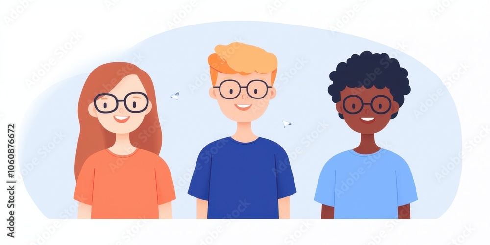 Diverse group of friends smiling, wearing glasses, on a light background. Diverse group of friends smiling, wearing glasses, on a light background.
