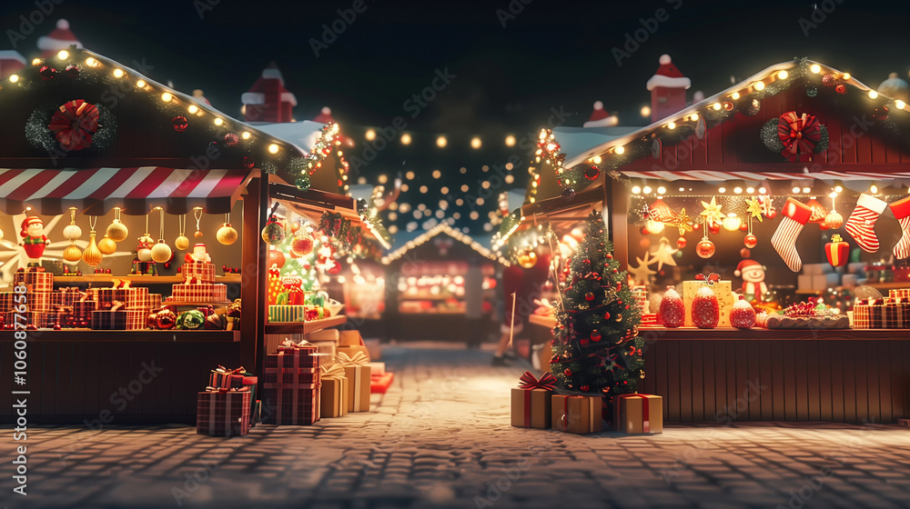 Fototapeta premium Christmas Market Stalls at Night - A bustling Christmas market with bright stalls selling gifts, ornaments, and food, capturing the vibrant atmosphere