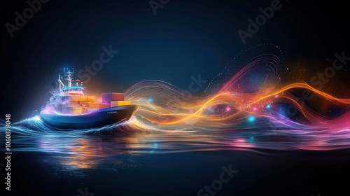 Fototapeta Naklejka Na Ścianę i Meble -  Abstract view: electric cargo ship and sea currents represented by neon energy lines, logistics innovation