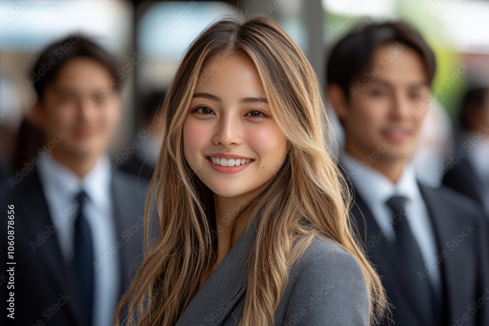 Smiling Young Professional Woman Leading a Team in Corporate Attire – Ideal for Leadership, Career Advancement, and Teamwork Concepts Smiling Young Professional Woman Leading a Team in Corporate Attire – Ideal for Leadership, Career Advancement, and Teamwork Concepts
