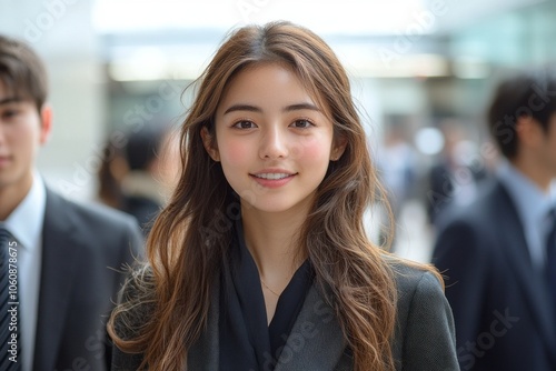 Confident Young Professional Woman in Business Attire Leading a Team in an Urban Setting – Perfect for Leadership, Career Development, and Corporate Success Themes