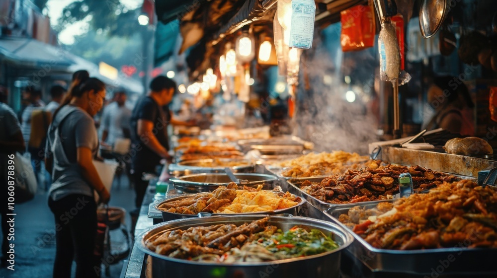 A bustling street food market in an exotic location, with vendors serving a variety of delicious dishes A bustling street food market in an exotic location, with vendors serving a variety of delicious dishes