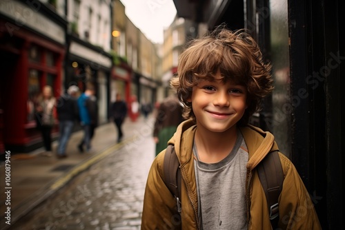 Portrait of a smiling young boy in the street of London.