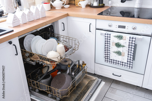 A lot of dirty dishes in the dishwasher in the festive kitchen. Helping the hostess, economy and ecology. Cleaning in the kitchen for the holidays of Christmas and New Year, after the feast and guests photo