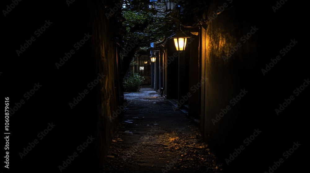 A dark, mysterious alleyway illuminated by flickering street lamps, with shadows lurking in the corners A dark, mysterious alleyway illuminated by flickering street lamps, with shadows lurking in the corners