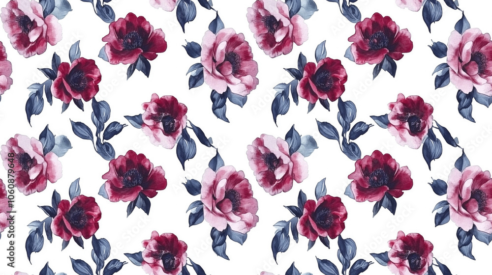 Fototapeta premium Seamless watercolor flower pattern against a crisp white background ideal for textile design and botanical themes