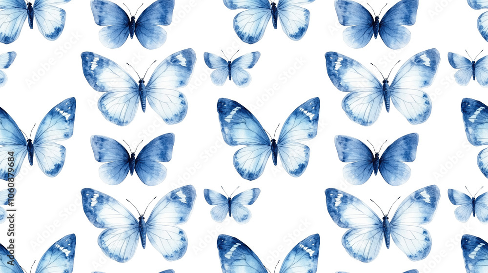 Fototapeta premium Seamless pattern of watercolor hand painted blue butterflies on a white background ideal for postcards invitations and scrapbooking
