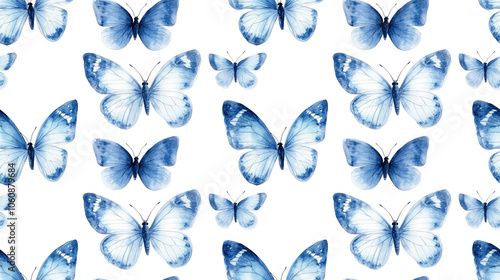 Seamless pattern of watercolor hand painted blue butterflies on a white background ideal for postcards invitations and scrapbooking
