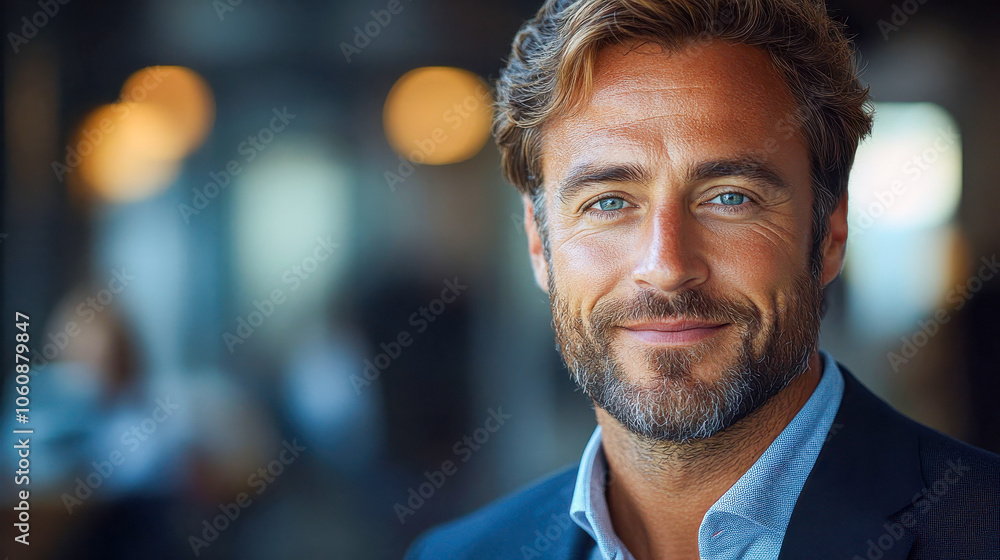 Close-up of a confident businessman smiling in a modern office setting, conveying professionalism and approachability Close-up of a confident businessman smiling in a modern office setting, conveying professionalism and approachability