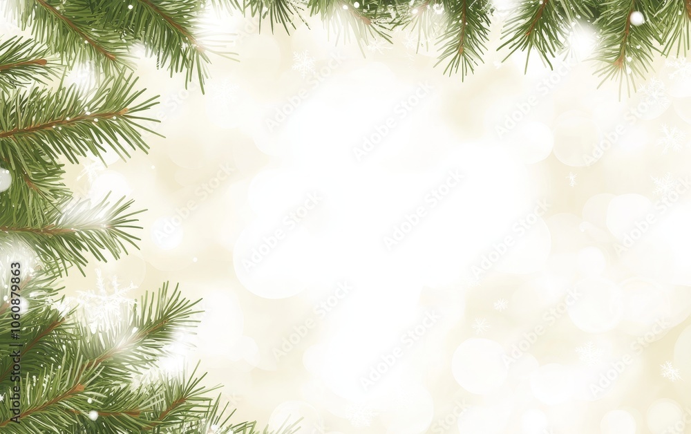 A festive background featuring evergreen branches and a soft, blurred bokeh effect for holiday themes. A festive background featuring evergreen branches and a soft, blurred bokeh effect for holiday themes.
