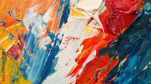 A closeup of a largescale painting reveals the artists bold brushstrokes and vibrant color choices in stunning detail.