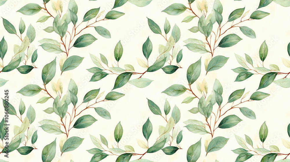 Seamless pattern of hand painted watercolor bay laurel branches featuring intricate details perfect for fabric design home decor Seamless pattern of hand painted watercolor bay laurel branches featuring intricate details perfect for fabric design home decor