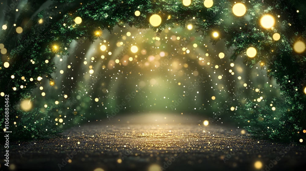 Naklejka premium Magical Green Forest, Golden Lights Sparkle, Enchanting Tunnel of Wonder. ✨