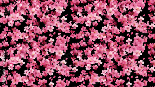 Seamless pattern of vibrant cherry blossoms in full bloom with delicate hanafubuki ideal for spring themed designs