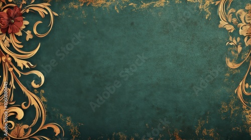 Ornate Vintage Floral Frame on Textured Teal Background
