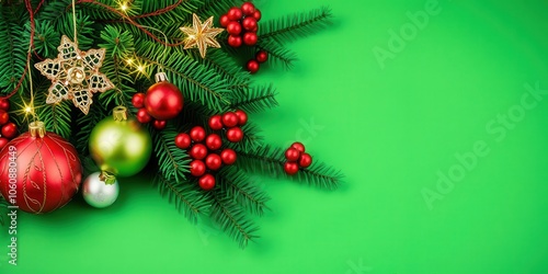 A festive Christmas composition featuring lush fir tree branches and an array of holiday ornaments in red, green, and gold hues, decorations, celebration, decor