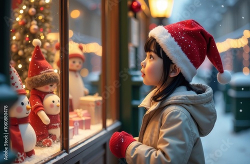 Asian girl looking at Christmas shop window display while standing on festive winter street