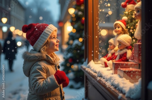 girl looking at Christmas shop window while standing on festive winter street