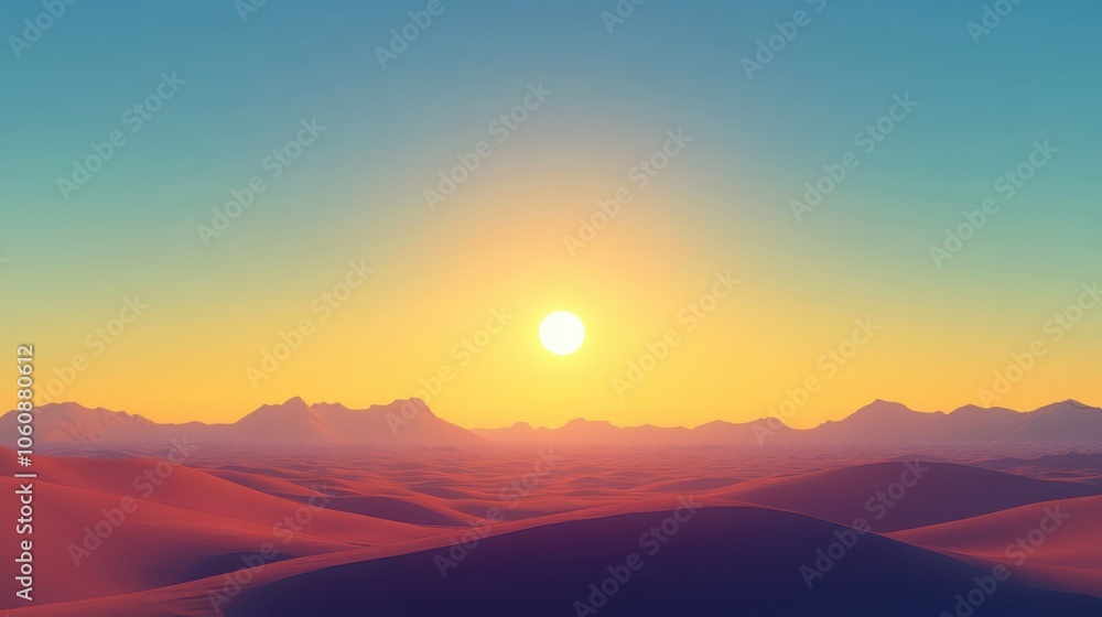 Fototapeta premium A stunning sunrise over a vast desert landscape, with sand dunes and a clear blue sky